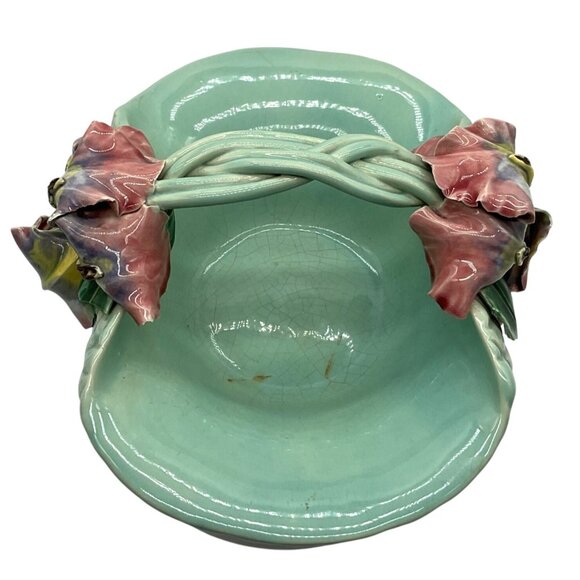 Handmade Ceramic Basket Bowl With Floral Handle Green With Lilies 10.5"x 5" - Picture 4 of 10